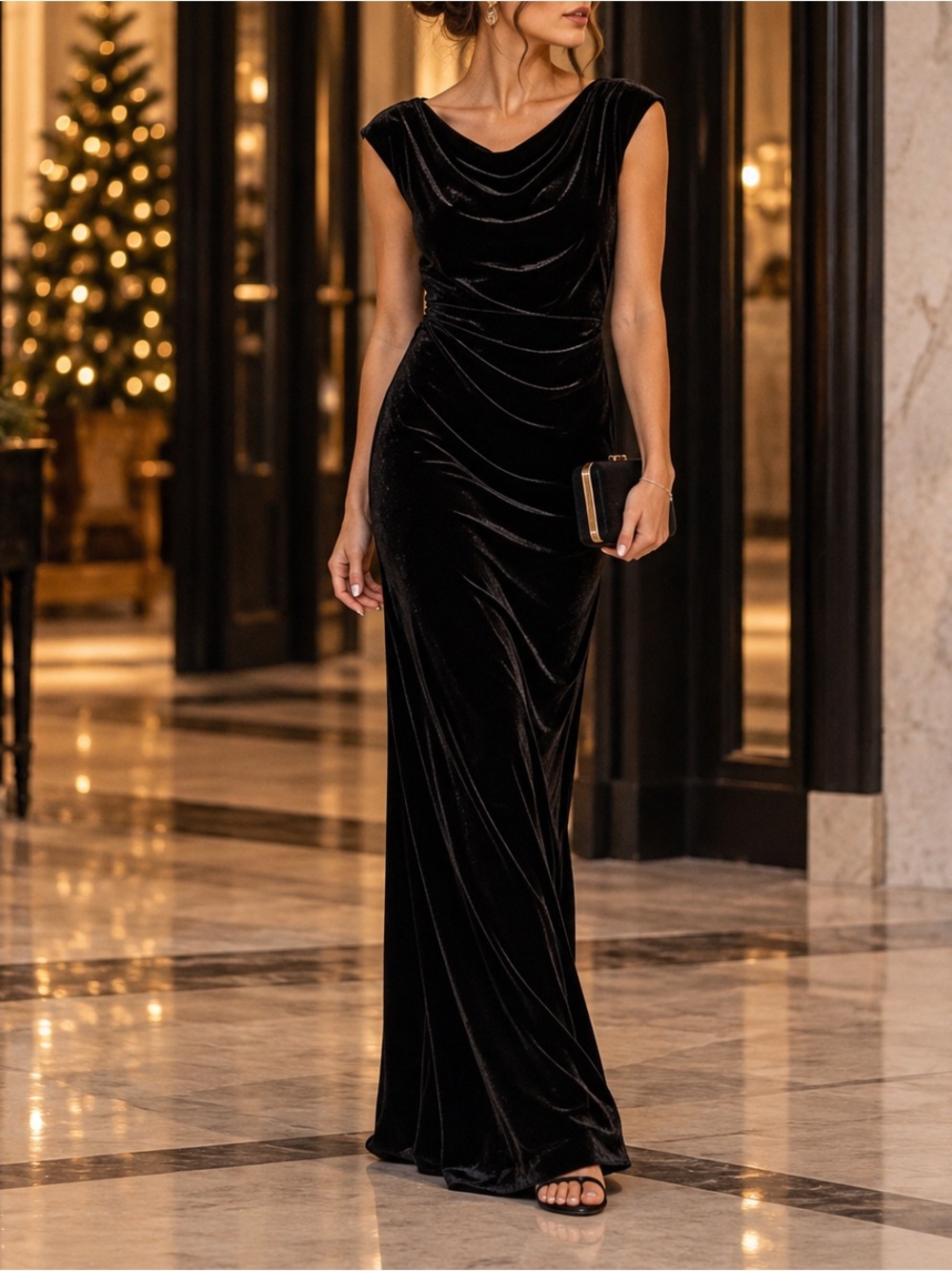 Vince Camuto NWT Black Velvet Maxi Gown Size 4 Cowl Neck Ruched Formal Dress